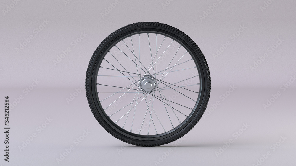 Fototapeta premium Black bicycle wheel with chrome needles on the white background. 3d render.