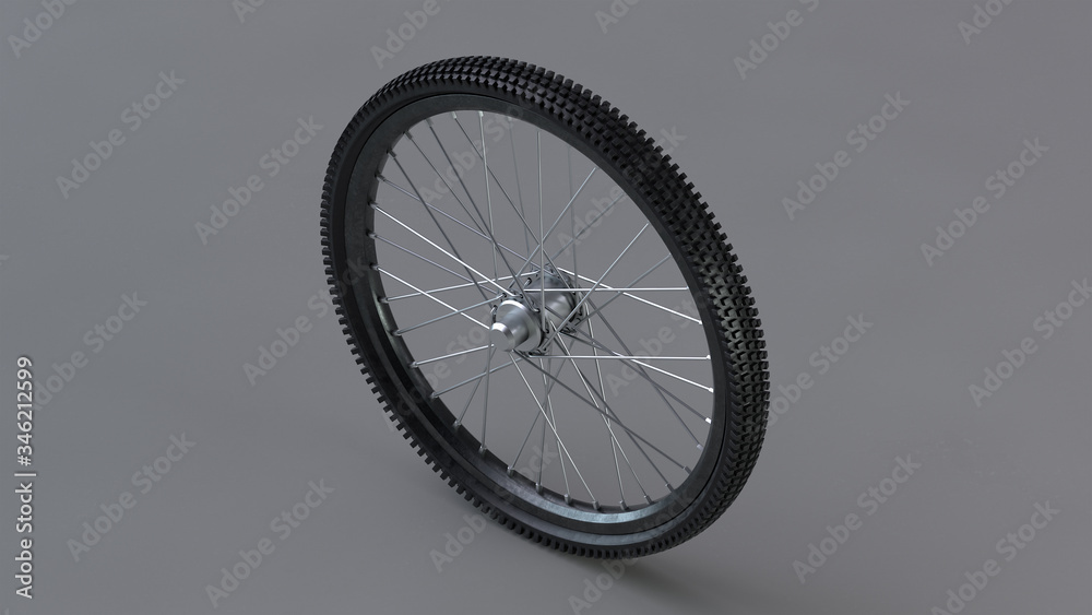 Naklejka premium Black bicycle wheel with chrome needles on the gray background. 3d render.