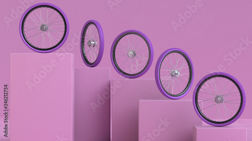 The group of colorful bicycle wheels with chrome needles on the pedestals. 3d render.