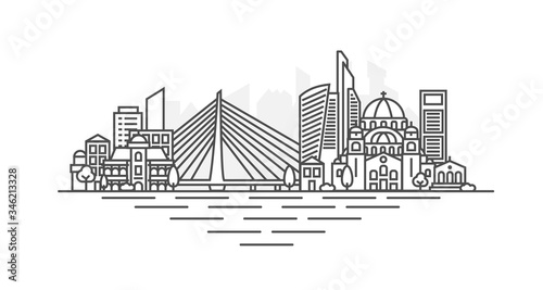 Belgrade City, Serbia architecture line skyline illustration. Linear vector cityscape with famous landmarks, city sights, design icons, with editable strokes isolated on white background.