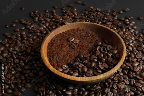 aromatic coffee beans in a wooden plate