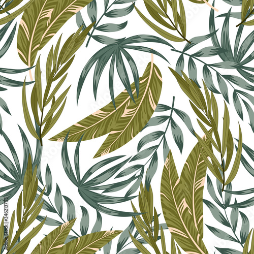 Abstract seamless tropical pattern with bright plants and leaves on a light background. Jungle leaf seamless vector floral pattern background. Printing and textiles. 