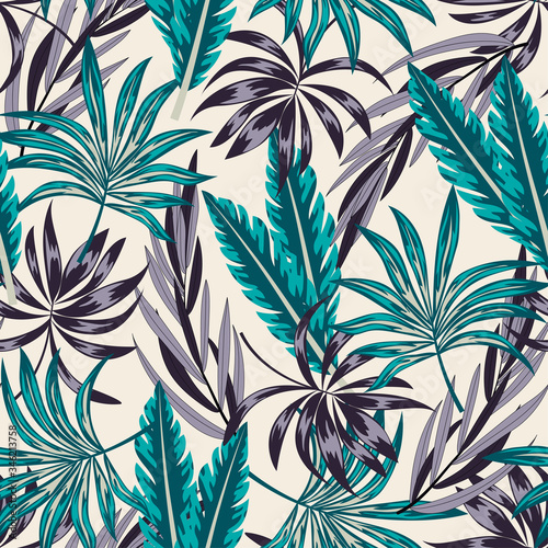 Abstract seamless tropical pattern with bright plants and leaves on a pastel background. Summer colorful hawaiian seamless pattern with tropical plants.Beautiful print with hand drawn exotic plants.