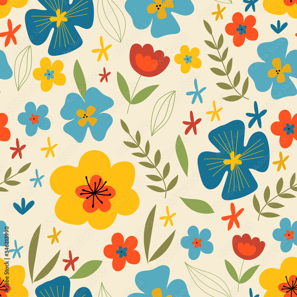 Seamless floral pattern. Cute pattern with flat multi-colored flowers .Multicolor stylized flowers and leaves.For fabric, Wallpaper, wrapping paper design,botanical wrapping paper