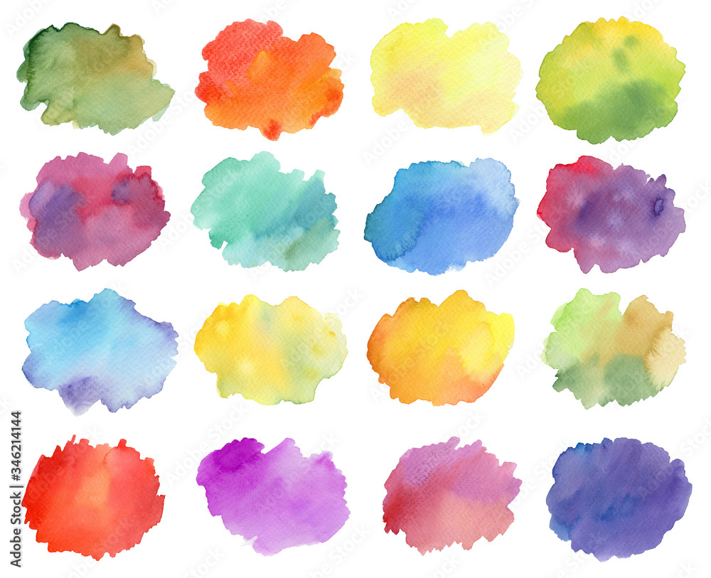 Watercolor paint stains isolated in white background. Set of background.