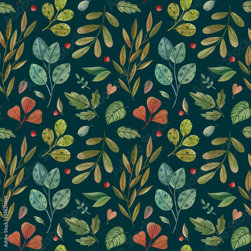 Seamless watercolor floral pattern in dark background. Background in vintage style for fabrics, paper, wallpaper, cards.