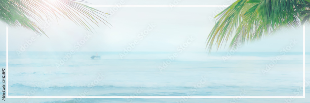 abstract blur summer background from blue sea and jet ski with coconut leaf on sunny day
