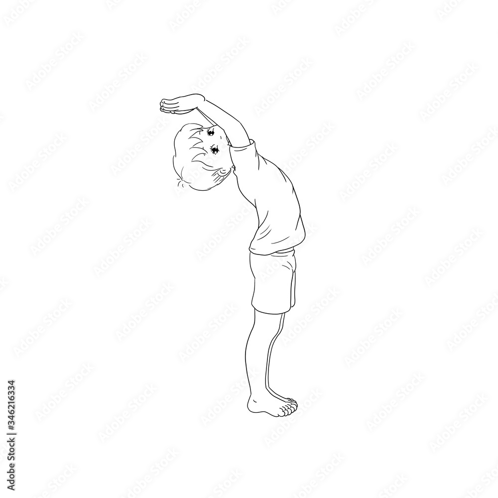 Kids Yoga - Joga für Kinder, Asana Wasserfall, horizontal Banner Design Concept Cartoon. Junge barfuß in Yoga Haltung, macht fröhliches Gesicht. Yogi Logo auf Hintergrund in weiß.