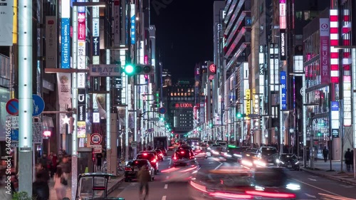 Ginza Central Street at rush hour. Ginza is recognized by many as one of the most luxurious shopping districts in the world. 4K night time lapse