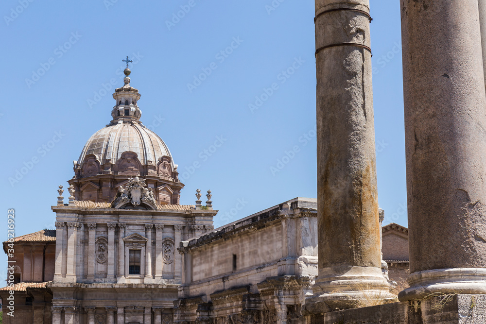 stone buildings of the city of Rome, ornate stone facade, rectangular building with round dome
