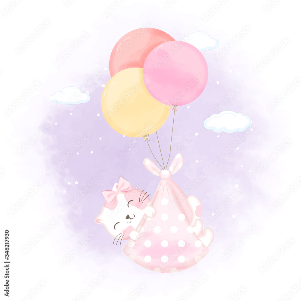 Cute baby cat with balloon hand drawn newborn cartoon illustration