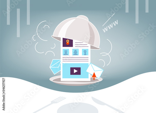 Illustration on topic of satiety with hot news, information space, the Internet, social networks, web pages