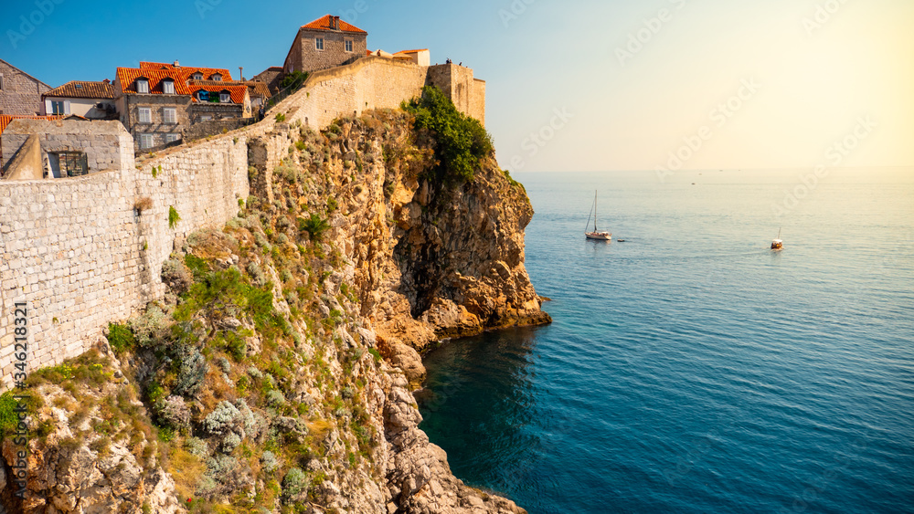 Old town towering on a cliff above the sea in Croatia