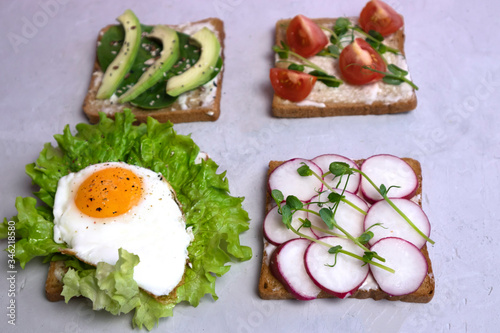 closeup sandwich with radish and egg, healthy breakfast, horizontal orientation