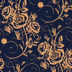 Wandcirkels Blauw goud patronen Gouden rozen op donkerblauwe achtergrond  © Yulia Ogneva