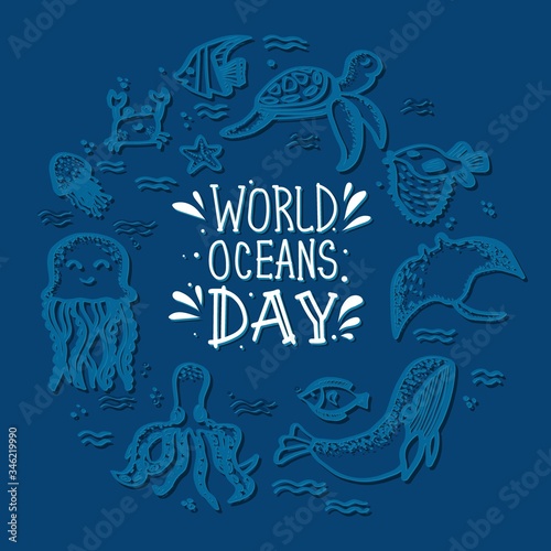 World Oceans day frame with ocean animals isolated. Lettering hand drawn text. Greeting card for Ocean day celebration. Vector outline illustration.