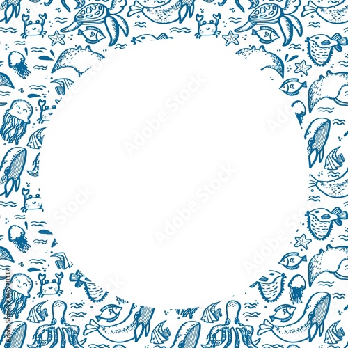 World Oceans day frame with ocean animals isolated. Lettering hand drawn text. Greeting card for Ocean day celebration. Vector outline illustration.