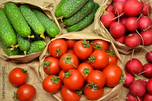 Fresh vegetables from farmers market. Cucumbers  tomatoes  radish. Pickle cucumbers. Organic vegetables. Salad ingredients.
