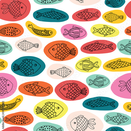 Seamless pattern with cute fish on colorful dots background. Vector sea background for kids. Child drawing style cartoon baby animals underwater illustration. Design for fabric, kids wear, decor