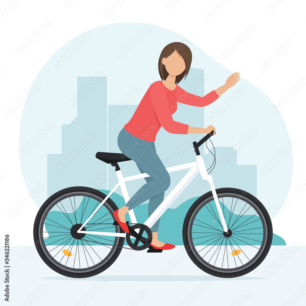 Fototapeta premium Woman riding bike on city background. Vector illustration in flat style