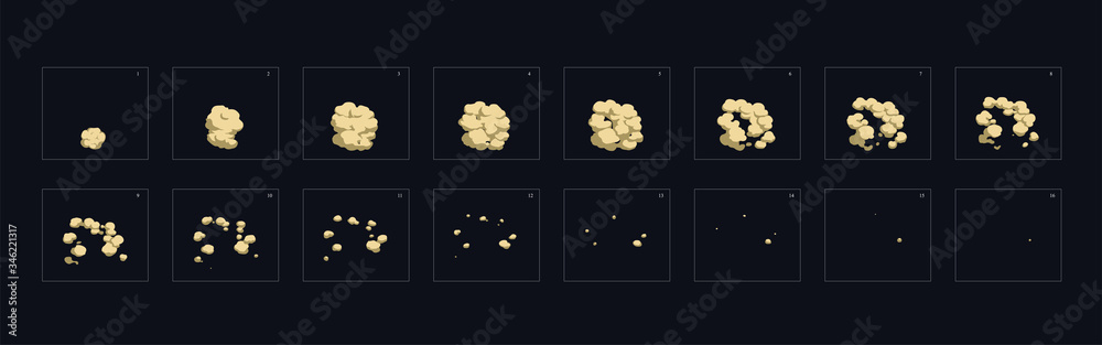 dust explosion effect. dust explosion animation. dust animation sprite sheet for games, cartoon or animation.