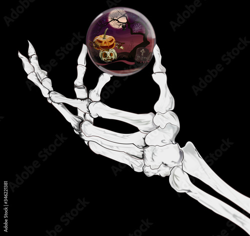 Skeleton hand holding a Halloween orb