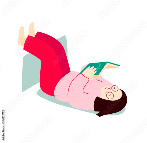 Girl is reading a book while lying on her back. Hand drawn vector flat illustration.