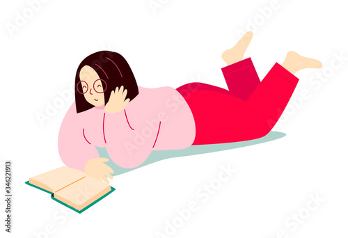 Girl reads a book, lying on the floor. Woman on white background. Modern flat vector illustration.