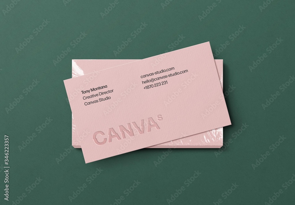 Business Card Mockup Stack in Plastic Foil with Embossing Effect Stock Template Adobe Stock