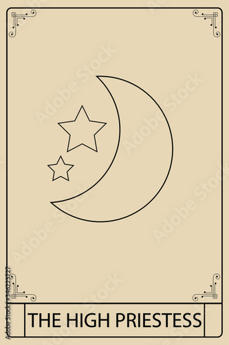The Hight Priestess. Tarot card, vintage color and minimalist drawing engraved illustration with mystic symbols. The Major Arcana.