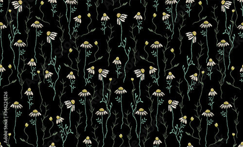Embroidery seamless romantic pattern with chamomiles. Traditional vector seamless pattern for wearing design.