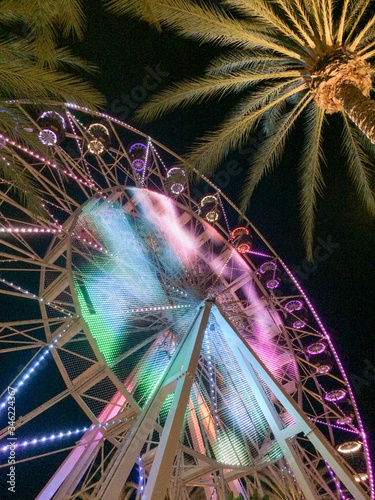 Ferris wheel and palm trees illuminated at night colorful lights glowing