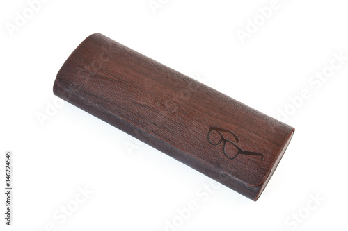 Brown leather case for glasses on a white background.