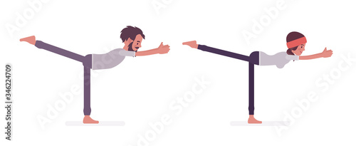 Young yogi man and woman in sports wear practicing yoga, partners doing Warrior three pose, Virabhadrasana 3 exercise, stress-free yogic practice. Vector flat style cartoon illustration
