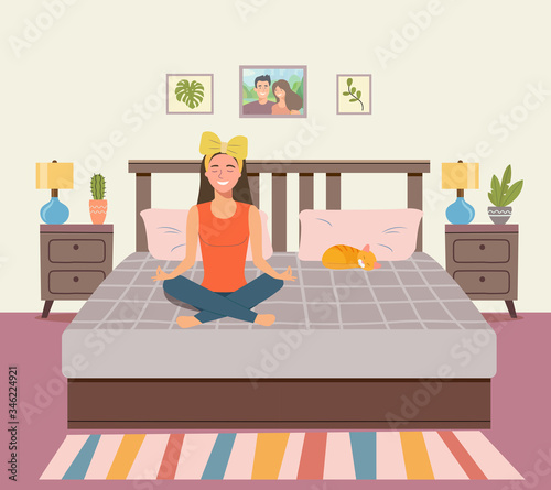 Woman meditating in the bedroom. Woman in yoga pose, lotus position.. Interior space bedroom. Vector flat illustration.