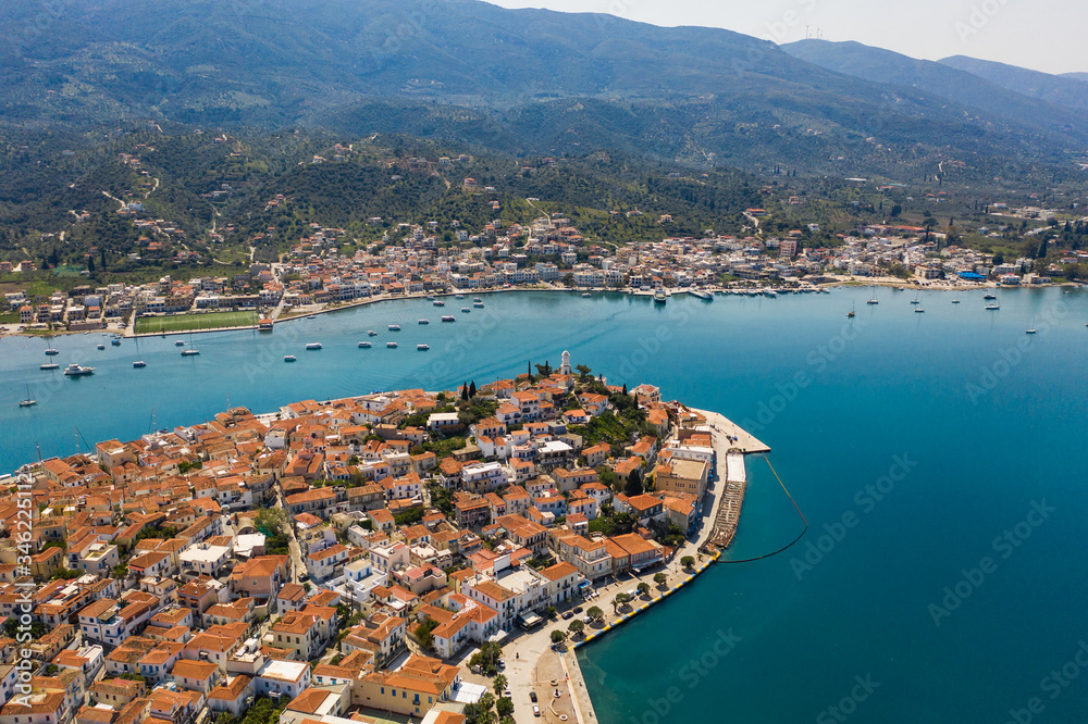 Aerial view landscape of Poros city, Lakonia Greece