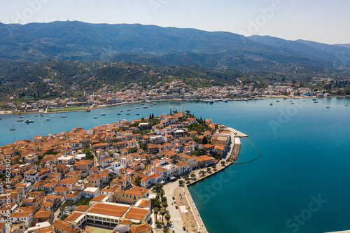 Top aerial view of the Poros island Sea harbor  Aegean sea  Greece. Panoramic view of city Poros