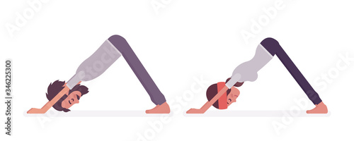 Young yogi man and woman in sports wear practicing yoga, partners doing Downward facing dog pose, adho mukha svanasana exercise, stress-free yogic practice. Vector flat style cartoon illustration