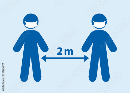 Social distancing between two persons with protection mask against 2019-ncov coronavirus pandemic. Vector illustration.