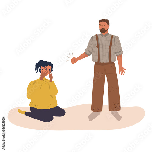 Husband beats pregnant wife flat vector illustration. Spouses quarrel, swear, shout at each other and fight. Home violence and misunderstanding.