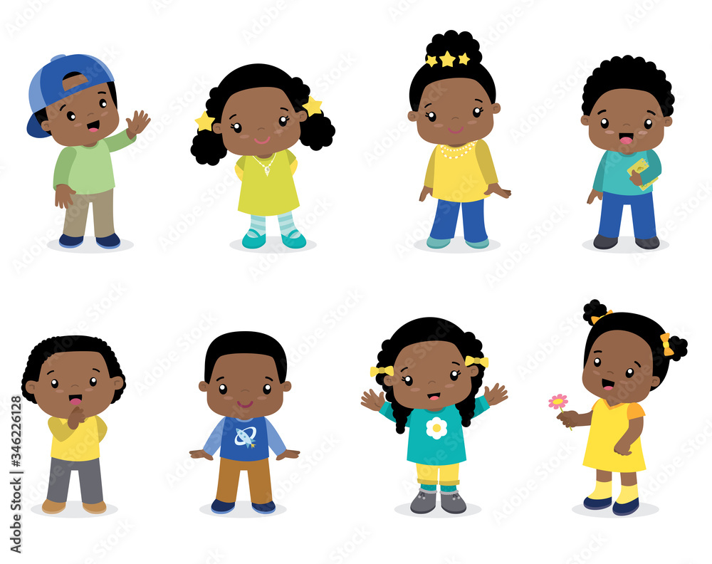 Cute Little African American Children in Colorful Clothes Happy Standing Poses Vector Illustration Clip Art Collection Set Isolated on White set 2 Cute Little African American Children in Colorful Clothes Happy Standing Poses Vector Illustration Clip Art Collection Set Isolated on White set 2