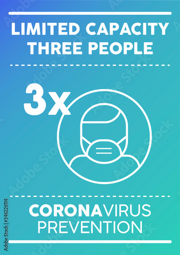 Limited capacity three people poster. Coronavirus prevention.