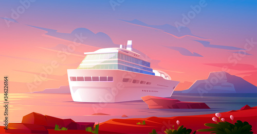 Cruise ship in ocean at sunset. Summer luxury vacation on cruise liner. Vector cartoon illustration of tropical landscape with passenger ship in harbor and pink evening sky