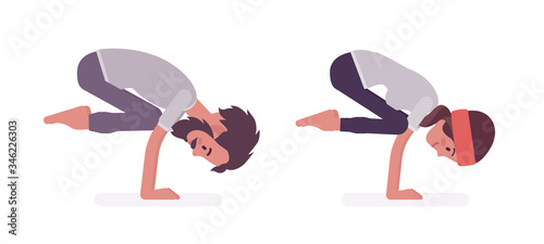 Young yogi man and woman in sports wear practicing yoga  partners doing Crane pose  Bakasana exercise  stress-free yogic practice. Vector flat style cartoon illustration
