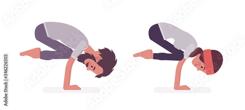 Young yogi man and woman in sports wear practicing yoga, partners doing Crane pose, Bakasana exercise, stress-free yogic practice. Vector flat style cartoon illustration