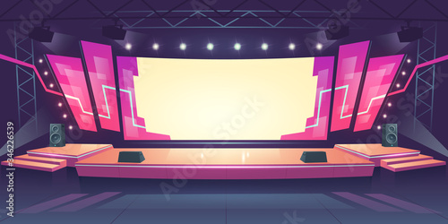 Concert stage with screen illuminated by spotlights. Vector cartoon illustration of empty scene for rock festival, show, performance or presentation. Podium stage with truss, music and light equipment