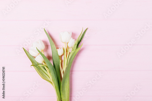 Top view bouquet of fresh white tulip flowers