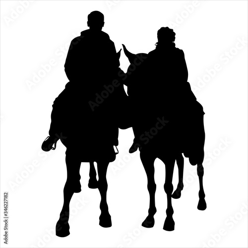Horse race. Black silhouette of racing horses with man and woman on isolated white background. Horses and riders. Married couple on horseback. Joint walk in nature.
