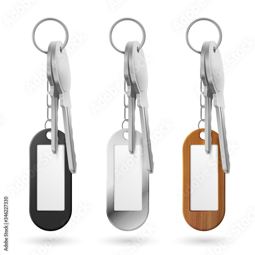 Trinkets, keys bunch, metal, wooden and plastic door clef holders on steel ring set. Oval keychains accessories or pendants isolated on white background. Realistic 3d vector illustration, mock up