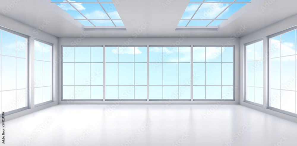 Empty office with large windows on ceiling and floor. Room interior in white colors. Internal structure of modern city architecture, inner design project visualization Realistic 3d vector illustration - obrazy, fototapety, plakaty 